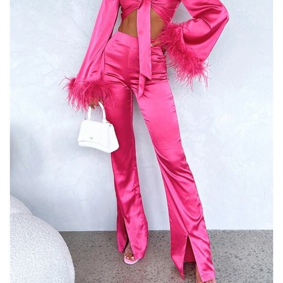 NWT White Fox Feather Trim Satin Pajama SET Hot Pink 2 Pc Small Barbie Feminine - Picture 3 of 10